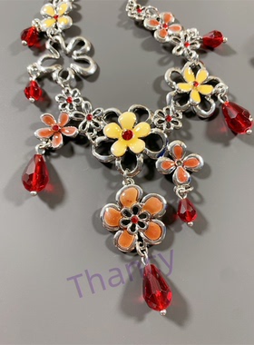 琉璃水滴珐琅花朵耳环项链套装