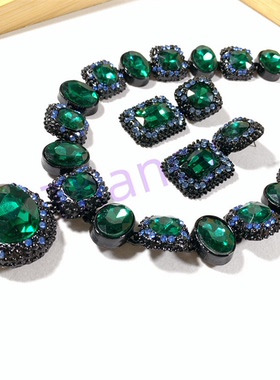 祖母绿玻璃水晶项链耳环套装LF