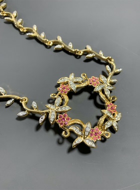 Vintage中古粉色莱茵石花朵花环