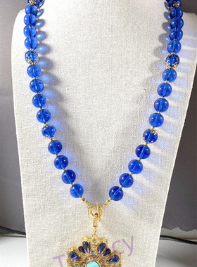 JR打标蓝色琉璃项链毛衣链耳环