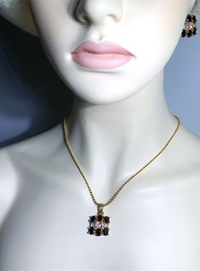 Vintage中古黑色水晶镶嵌方块造