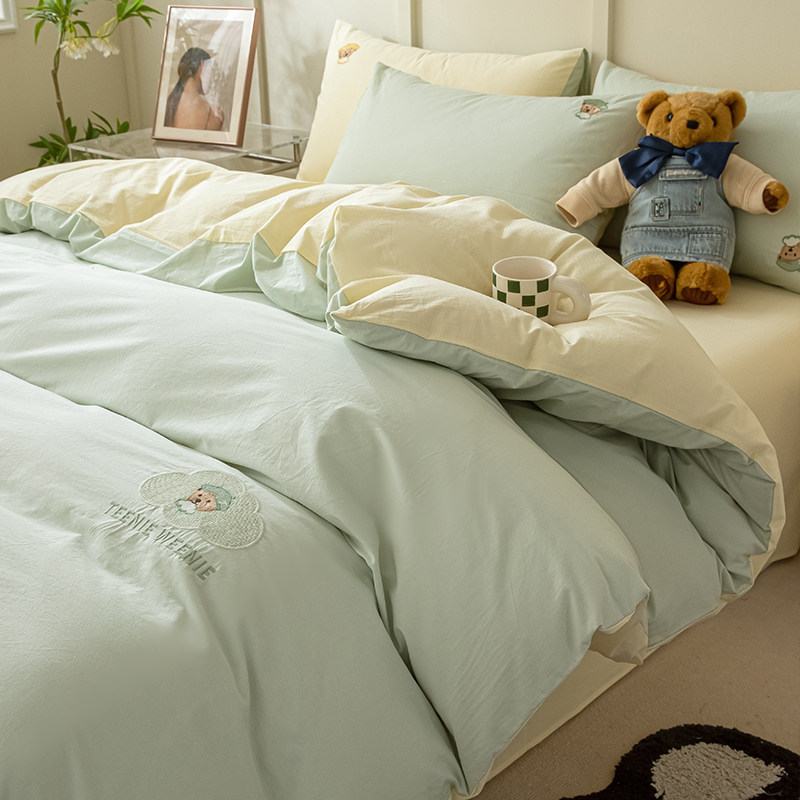 TeenieWeenie小熊刺绣全棉水洗棉床单四件套纯棉小清新被套罩纯色