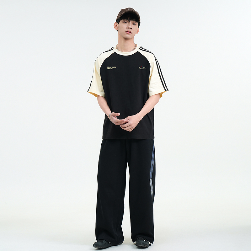 WAINOT情侣2025新款重磅撞色短袖上衣夏季美式复古纯棉t恤男痞帅 - 图1
