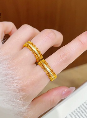 金店同款沙金镂空点钻腰缠万贯戒指花丝排钻铜钱食指戒开口送女友