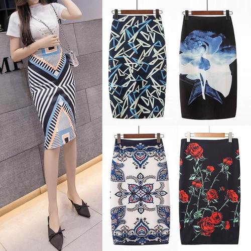 New Fashion Casual Women Print Floral Skirt Vintage Pencil S - 图0