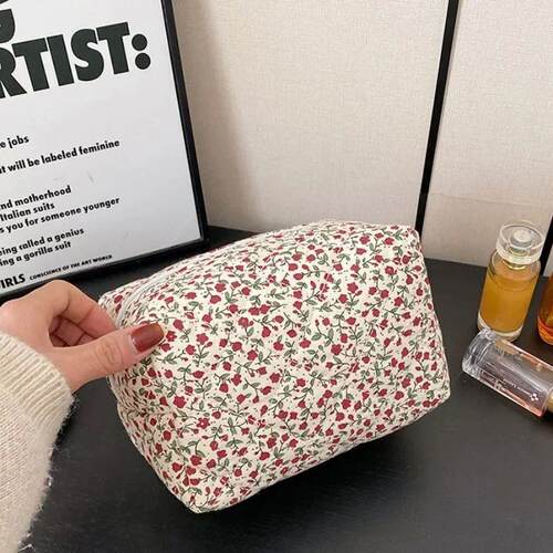 Storage Organizer Floral Puffy Quilted Makeup Bag Flower Pri - 图0