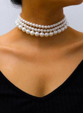 Multi-Layer White Imitation Pearl Necklace Bead Chain Punk