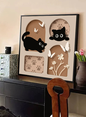 中古风装饰画卡通可爱猫咪丙烯画