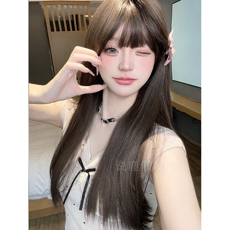 说鹿假发女网红日常长直发日常自然甜美可爱齐刘海全头套式假发