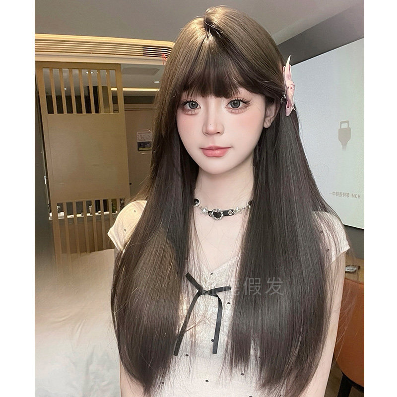 说鹿假发女网红日常长直发日常自然甜美可爱齐刘海全头套式假发