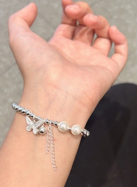 S925纯银ins风小众时尚气质简约百搭手链女光珠珍珠蝴蝶铃铛手串