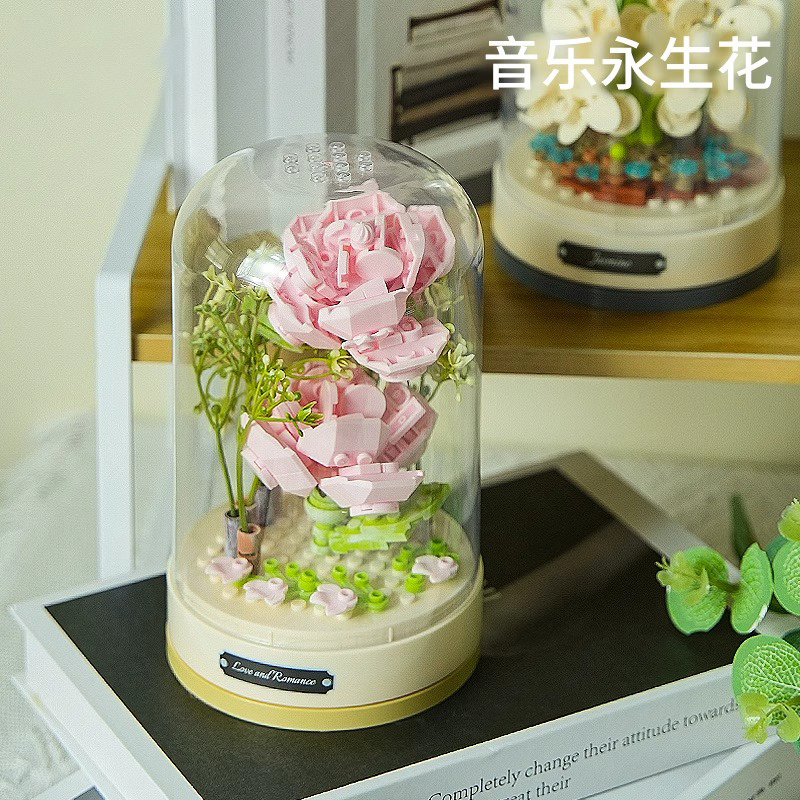 JAKI佳奇积木玫瑰永生花花束音乐盒女友情人节520礼物八音盒摆件