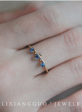 三颗蓝锆简约唯美小众戒指女