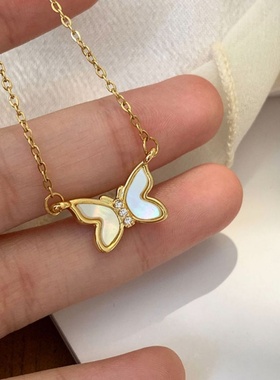 925纯银天然贝母蝴蝶项链小众