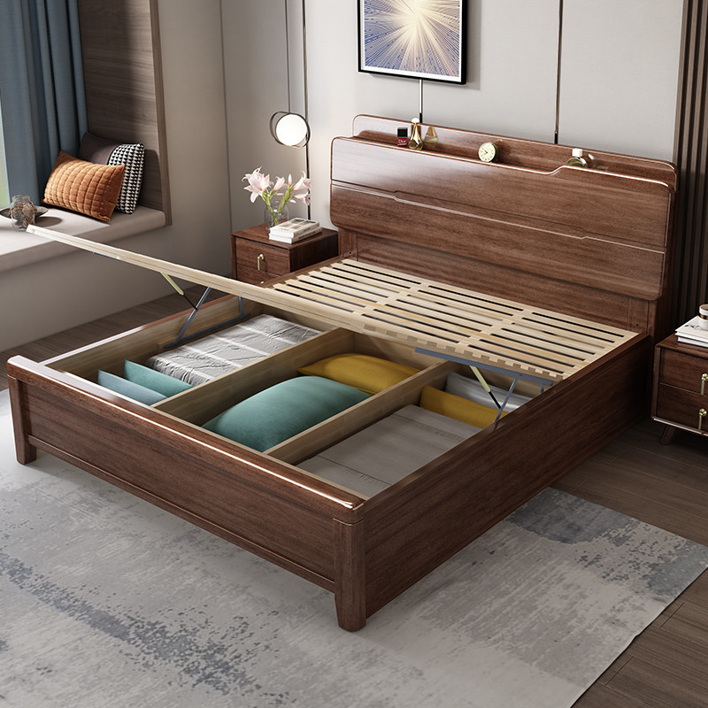 索菲亚胡桃木实木床现代简约轻奢主卧1.8气压高箱储物床2米x2米三