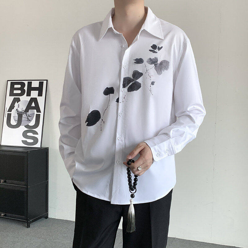 王源演唱会同款国风水墨画印花款白色衬衣潮牌新中式长袖衬衫大码,淘宝优惠券,粉丝福利购,淘宝优惠卷