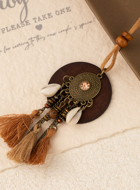 新中式禅意木质长款民族风项链镶