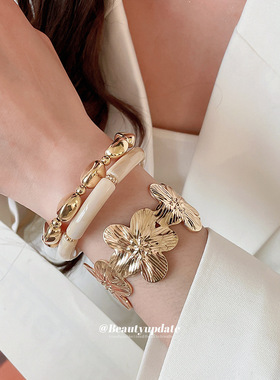 欧美跨境金属风几何花朵手镯套装