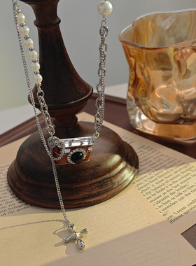 英伦复古棕色相机珍珠十字架项链