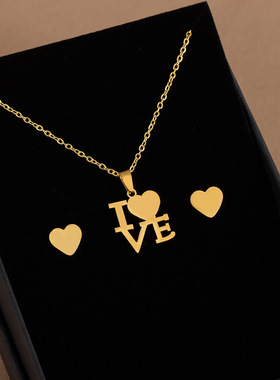 跨境热销不锈钢镂空爱心项链套装