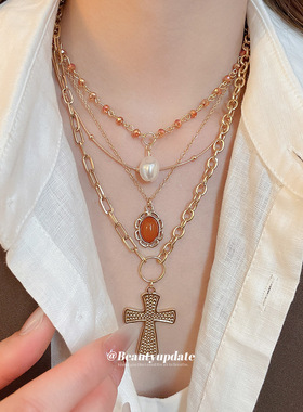 欧美亚克力珍珠十字架吊坠水晶项