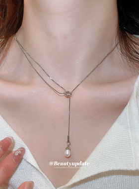 复古简约风几何流苏珍珠项链轻奢