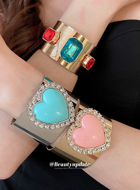 欧美跨境金属镶钻爱心开口手镯个