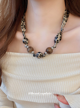豹纹串珠蝴蝶结丝丝巾项链复古民