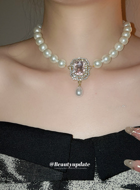 中古vintage镶钻方形珍珠项链宫