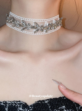 法式白色蕾丝镶钻花边颈链冷淡风