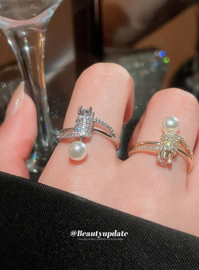 日韩风简约锆石几何开口珍珠戒指