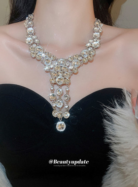 超闪镶钻圆形流苏吊坠项链时尚优