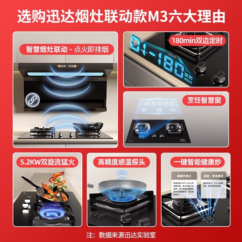 迅达燃气灶定时智能煤气灶猛火双灶天然气防干烧嵌入式烟灶联动M3