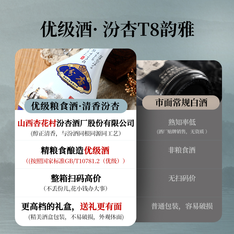 汾杏山西杏花村1952韵雅T8清香型53度口粮酒白酒整箱送礼475ml*6