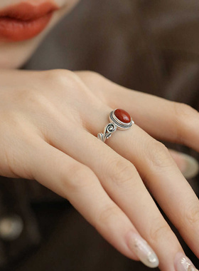 925银复古国风做旧小蛋面南红玛