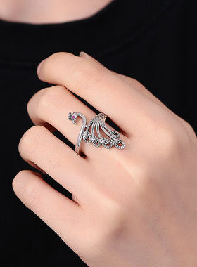 S925银复古孔雀戒指做旧