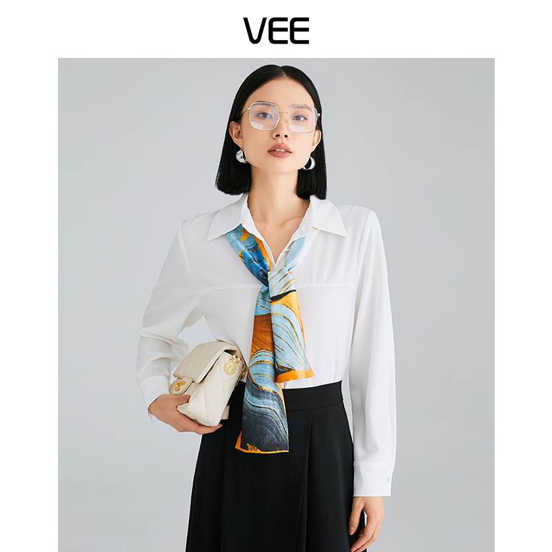 VEE秋装新款通勤时尚丝巾宽松长袖衬衫(配丝巾) - 图0
