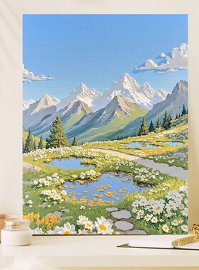 奶油风远山风景装饰画成品仿油画清新山水唯美喷印卧室客厅摆挂画