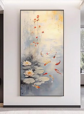 新中式锦鲤装饰画成品仿油画风景寓意清新绿色唯美卧室客厅摆挂画