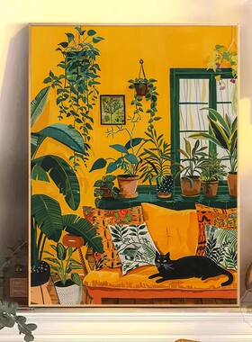 马蒂斯客厅装饰画仿油画涂鸦猫咪抽象成品喷印美式风格卧室挂摆画