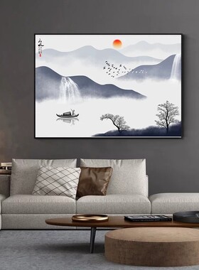 山水画横版中式水墨装饰画简约小众高级感风景唯美卧室客厅摆挂画