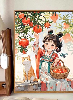 新中式石榴女孩古装成品装饰画仿油画人物唯美可爱卧室客厅摆挂画
