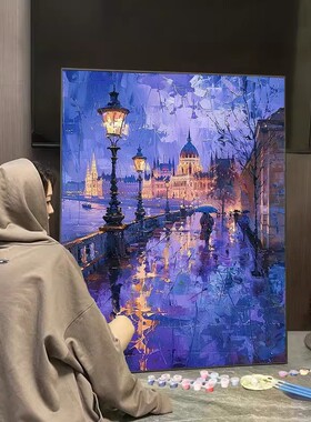 布达佩斯城堡雨夜数装饰画仿油画风景建筑唯美梦幻卧室客厅摆挂画