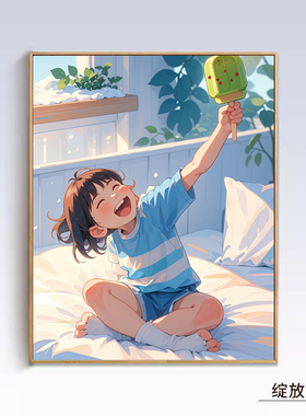 可爱女孩与猫咪卧室装饰画摆件