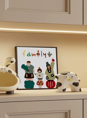 family一家三口方形装饰画趣味卡通艺术温馨治愈系卧室客厅摆挂画