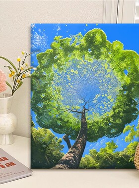 成品装饰画仿油画风景绿色树木森林仰望参天小清新卧室客厅摆挂画