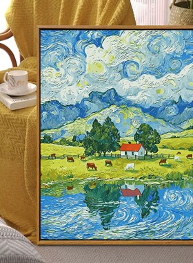 梵高星空装饰画成品仿油画风景复古小众高级感唯美卧室客厅摆挂画