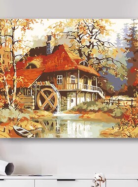 复古森林装饰画成品仿油画风景唯美清新高级感横版卧室客厅摆挂画