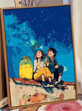 治愈系星空女孩成品装饰画卡通仿油画风景高级感卧室儿童房摆挂画