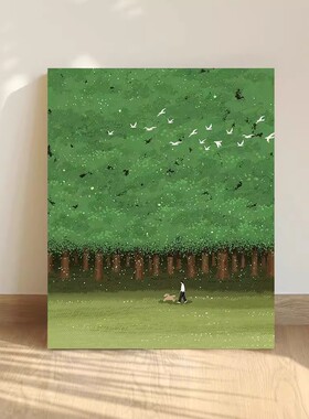 绿色森林小清新装饰画成品仿油画风景小众高级感卧室客厅玄关挂画